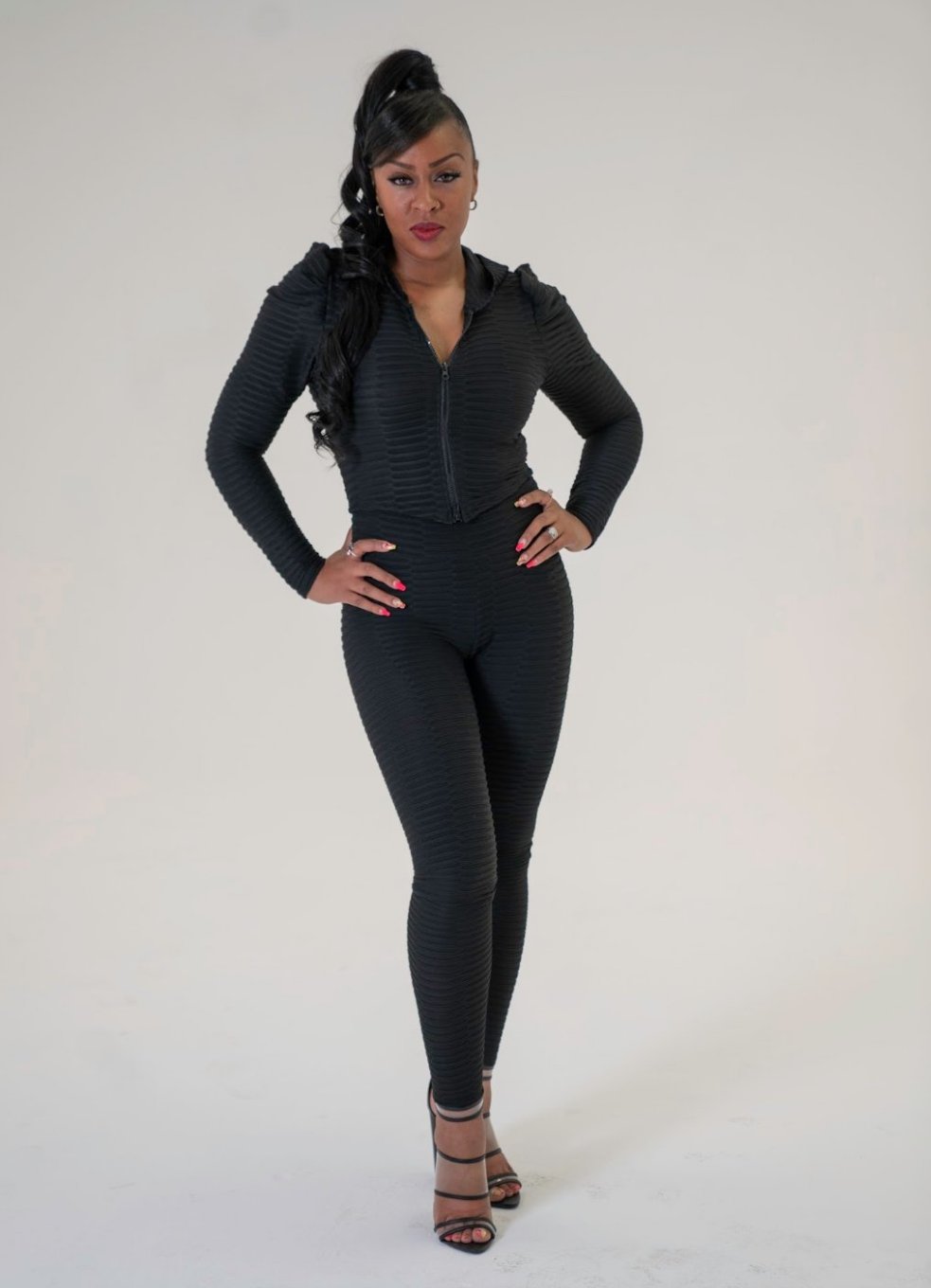 Code: Quianna | Puff Shoulder, Cropped, Zip Front, Hooded Jacket & High Waist Leggings