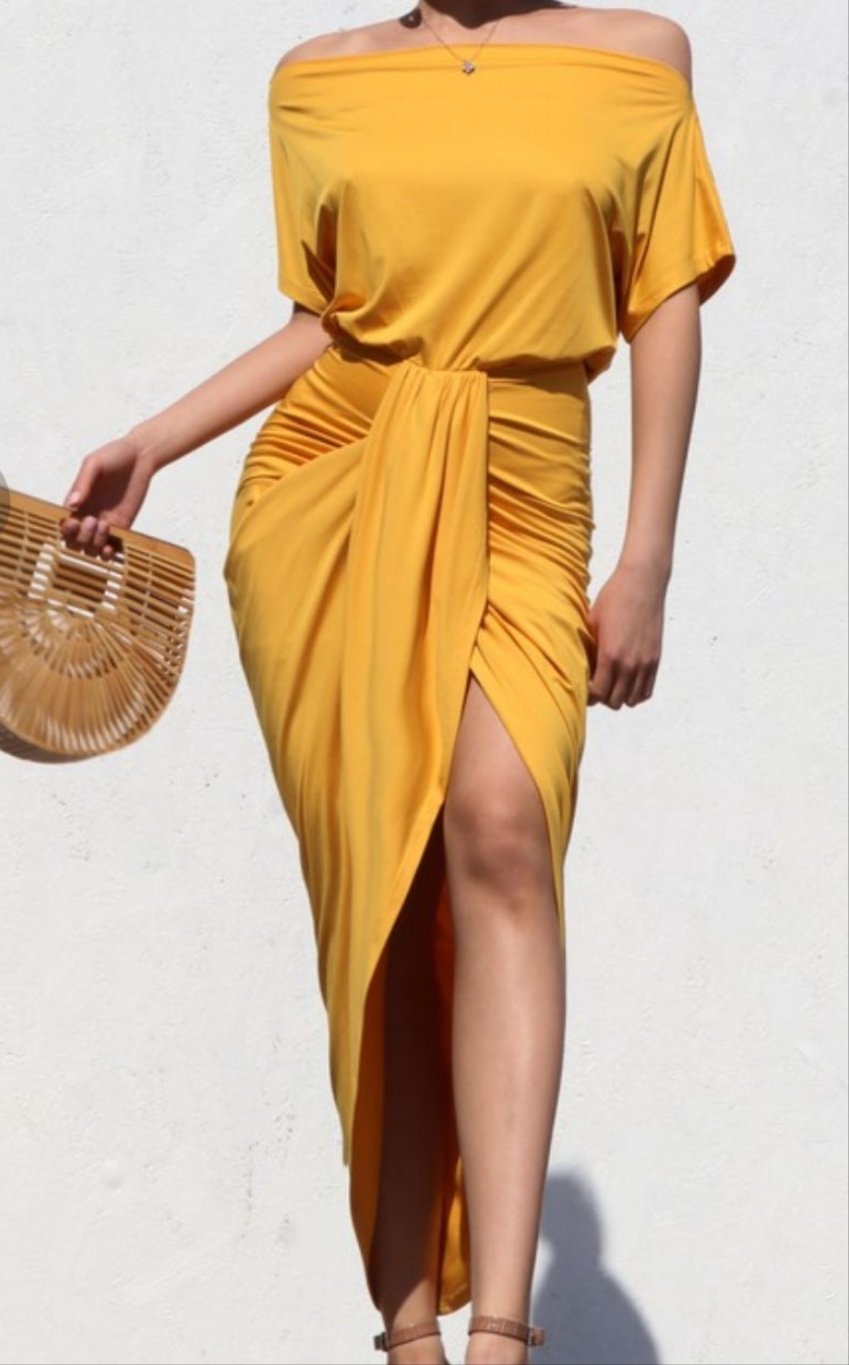 Code: Pascale | Mustard Colored Off The Shoulder Dress